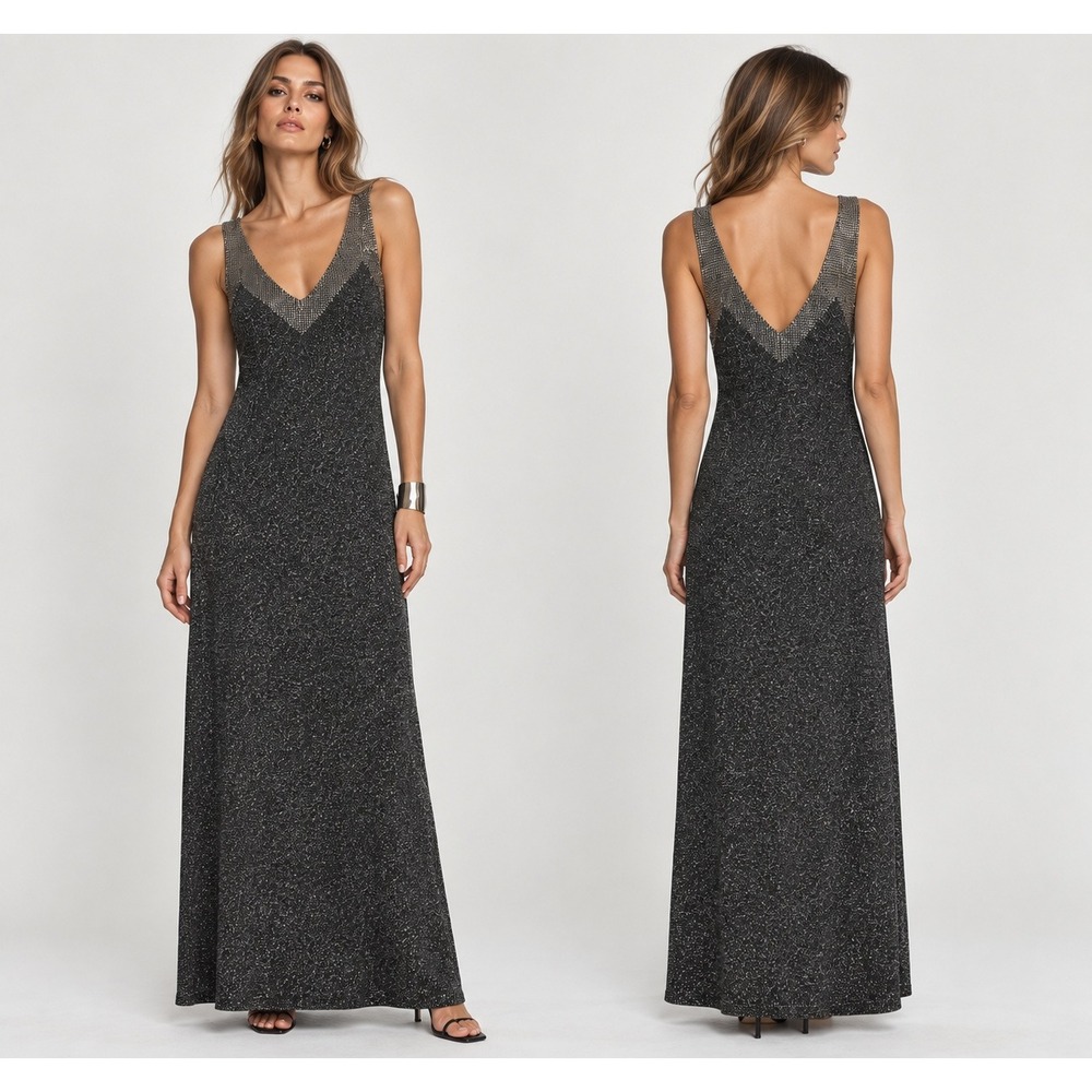 Zara Black Silver Metallic Knit Maxi Dress Studded V-Neck Avant Garde Glam